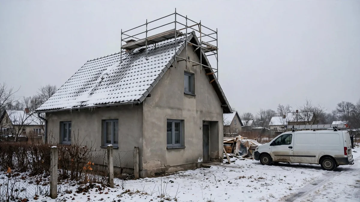 Parterowy dom z ośnieżonym dachem i rusztowaniem przy szczycie, obok furgon ekipy na zaśnieżonej drodze
