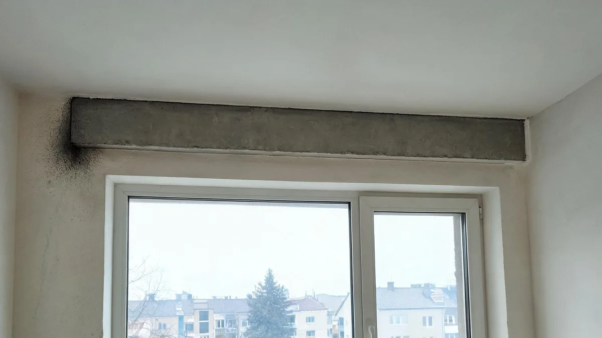 Okno widziane od wewnątrz, nad ramą odsłonięte szare betonowe nadproże, przy lewym narożniku ciemny nalot na tynku